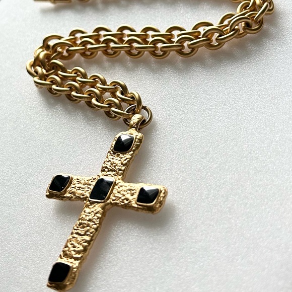 Anne Klein Byzantine Black Enamel Cross Matte Gold Tone Chain Necklace 28” - Picture 5 of 9